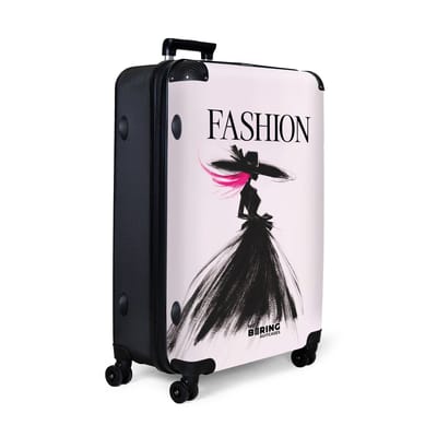 NoBoringSuitcases.com® - Koffer groot - Reiskoffer lichtgewicht - Roze met zwarte silhouet en zwarte quote 'fashion' - Rolkoffer met 4 wielen - Grote trolley XL - 98 liter bagage