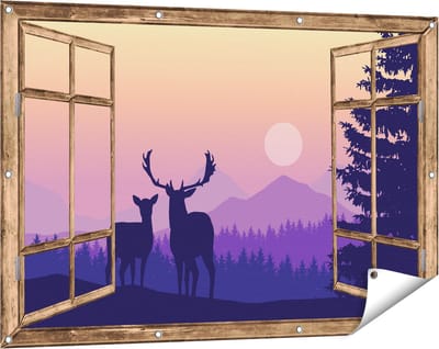Gards Tuinposter Doorkijk Twee Herten - Zonsondergang - Silhouet - 120x80 cm - Tuindoek - Tuindecoratie - Wanddecoratie buiten - Tuinschilderij