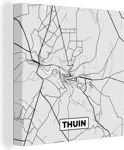 Canvas Schilderij Stadskaart – Plattegrond – België – Zwart Wit – Thuin – Kaart - 20x20 cm - Wanddecoratie