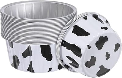 25 stuks aluminium cupjes met deksels-140 ml wegwerp ramekins-muffinvormpjes-mini taartvormpjes-folie cupcakevormpjes voor kerstfeestjes en bruiloften-koeienprint