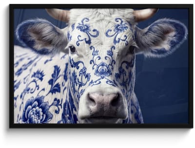 Poster in lijst - Fotolijst 90x60 cm - Posters - Koe - Delfts - Blauw - Artistiek - Posterlijst zwart - Decoratie - Wanddecoratie woonkamer - Muurdecoratie slaapkamer