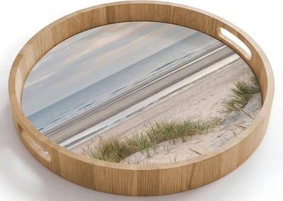 Dienblad rond 40x40 cm - Schootdienblad hout - Zandstrand - Bewolkt - Duinen - Borrelplank rechthoek - Plateau houten dienbladen