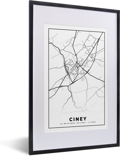 Fotolijst incl. Poster Zwart Wit- Stadskaart – Plattegrond – België – Zwart Wit – Ciney – Kaart - 40x60 cm - Posterlijst