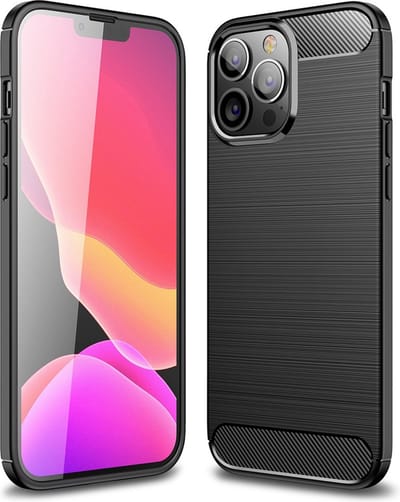 MobyDefend Hoesje - Geschikt voor iPhone 13 Pro Max - TPU Backcover - Geborstelde Metaal & Carbon-Look - Zwart