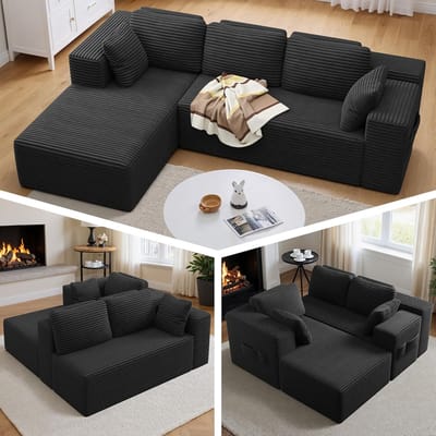Hoekbank L-vormig 250x88x61 cm – Moduleerbare 3-zits slaapbank met chaise longue, corduroy vloerbank, omvormbare lounge bank met kussens – Donkergrijs – Laura