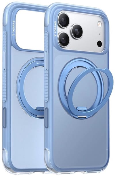 TORRAS Hoesje Geschikt voor Apple iPhone 17 Pro Max - Ostand O3 Air Spin - Compatibel met MagSafe / Qi2 - Back Cover met Magneet - 360° Draaibare Ring Standaard - Blauw