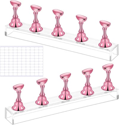Set van 2 Acryl Nageldisplays met Magnetische Houder en Dubbelzijdige Plakband voor Nagelontwerp en Presentatie (Roze Goud)