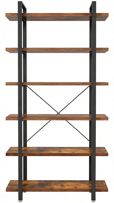 Opbergrek 105 x 33,5 x 177,5 cm, bruin en zwart displayrek boekenkast vrijstaande plank met 5 open opbergvakken, eenvoudig te monteren, stevig en duurzaam metalen frame, geschikt voor woonkamer, slaapkamer en kantoor