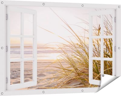 Gards Tuinposter Doorkijk Strand en Duinen tijdens Zonsondergang - 120x80 cm - Tuindoek - Tuindecoratie - Wanddecoratie buiten - Tuinschilderij