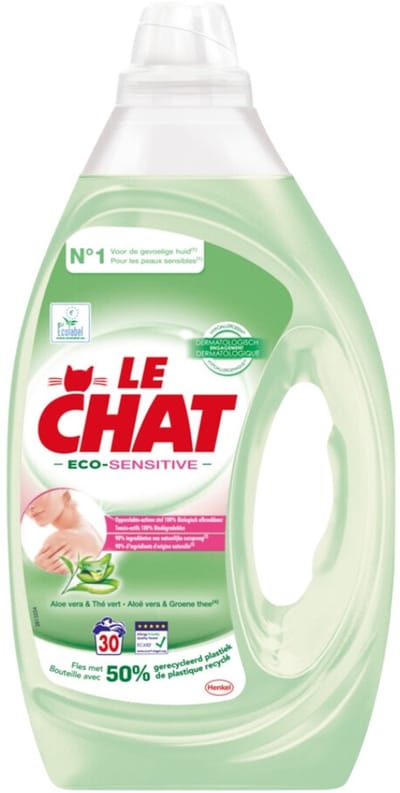 Le Chat Eco-Sensitive - Vloeibaar Wasmiddel - Witte en Gekleurde Was - Aloë Vera & Groene Thee - 30 Wasbeurten - 1 stuk