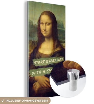 MuchoWow® Glasschilderij 20x40 cm - Schilderij acrylglas - Mona Lisa - Quote - Da Vinci - Foto op glas - Schilderijen