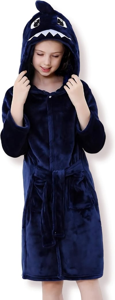 BoefieBoef Haai Kinder Pyjama Badjas 5-9 Jaar – Warme Flanellen Nachtkleding Ochtendjas met Dieren Capuchon – Cosplay Verkleed Pyjama voor Carnaval, Zwemles & Loungeplezier – Jongens & Meisjes – Perfect Cadeau - Blauw L