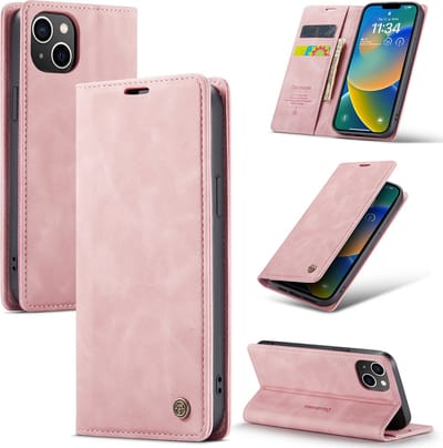 Casemania Hoesje Geschikt voor Apple iPhone 14 Pale Pink - Dunne Portemonnee Book Case - Slim Wallet Case met Pasjeshouder
