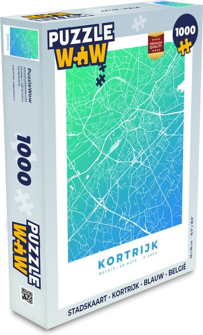 Puzzel Stadskaart - Kortrijk - Blauw - België - Legpuzzel - Puzzel 1000 stukjes volwassenen - Plattegrond