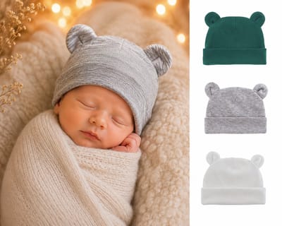 3 Pack Babymutsjes Newborn – Beer Vorm met Oortjes – Groen, Wit & Grijs – Zacht Katoen – Pasgeboren Baby Hoofd Warm Houden