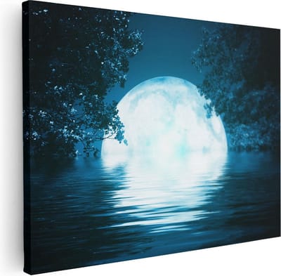 Artaza Canvas Schilderij Volle Maan - 40x30 cm - Klein - Muurdecoratie Meer - Wanddecoratie Bos - Schilderijen Op Canvas
