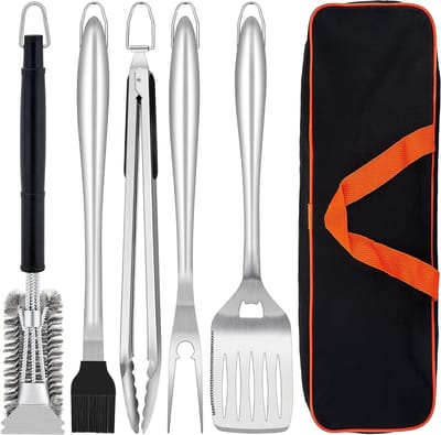 Complete 6-delige Barbecue Cutlery Set met RVS Grill Accessoires en Draagtas, Inclusief Tangen, Spatel, Vork en Grillborstel, Perfecte BBQ Cadeau voor Mannen en Grillliefhebbers