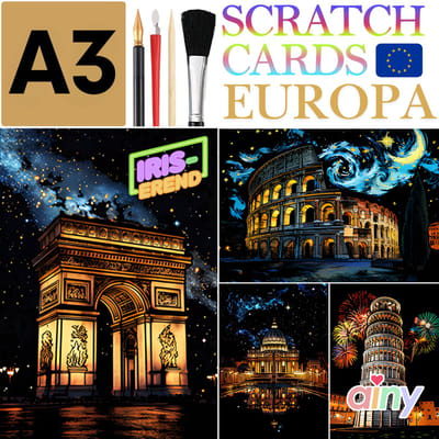 Ainy - Iriserend Scratch Art Europa 1 (A3) | 4 krastekening incl. incl gereedschappen | Kras tekeningen | Schilderen op kleuren kunst kraskaart | hobby & creatief voor volwassenen en kinderen | Knutselen - ontspanningspakket
