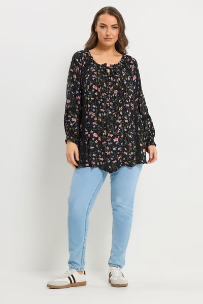 Yours Zwarte Top Met Bloemenprint En Plooien Size 46