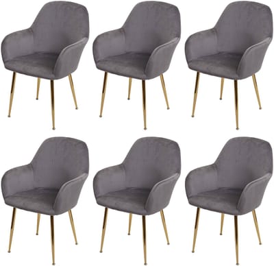 Set van 6 eetkamerstoelen MCW-F18, keukenstoel, retro design ~ fluweel grijs, gouden poten