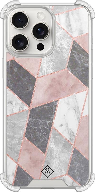 Casimoda® hoesje - Geschikt voor iPhone 15 Pro Max - Stone grid marmer / Abstract marble - Shockproof case - Extra sterk - TPU/polycarbonaat - Roze, Transparant