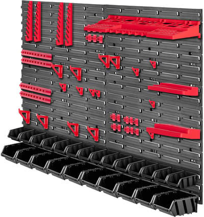 KADAX Werkplaatswandrek, 116 x 78 cm, opslagsysteem van robuust kunststof, uv-bestendig werkplaatsrek, uitbreidbare wandplaten, opbergrek voor garage, rood en zwart, 67-delig
