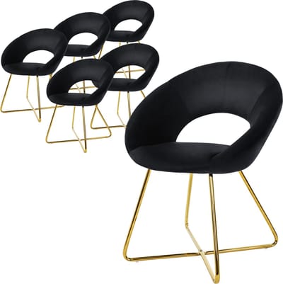Set van 6 eetkamerstoelen met ronde open rugleuning zwart fluweel met goudkleurige metalen poten ML design