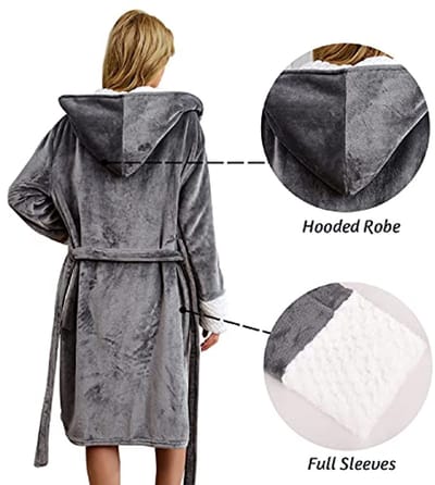 Dames Fleece Badjas met Capuchon - Warme Ochtendjas met Riem en Zakken
