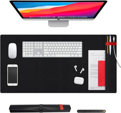 Zwarte PU Leren Bureau Mat met 2 Organizers, Waterbestendig en Antislip, Ideaal voor Kantoor en Thuiswerk