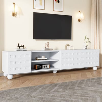 DESMIU Tv Meubel - 3 Deuren Met Gedrukt Reliëf En Halfopen Vakken - Voor Woonkamer En Televisie Tot 80 Inch - Spaanplaat - 200x40x44 Cm - Wit
