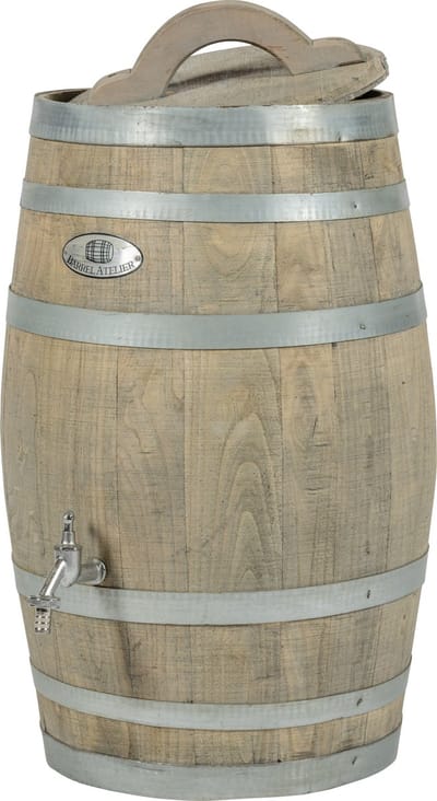 Regenton nieuw "Grey" 50 l. incl. kraan, los deksel, handvat en gat aan de achterzijde voor de vulautomaat / Houten Regenton / Grijs