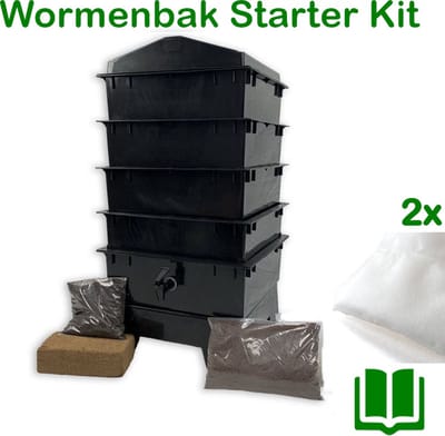 Wormenhotel 64L - Billiebin 4 laags starter kit (zwart) - Incl. filter/kweekgrond/bedding/instructieboekje > Excl. wormen - 100% gerecycled voedselveilig kunststof wormenbak - Wormentoren compostbak met opvangbak en tapkraantje | Billiebin
