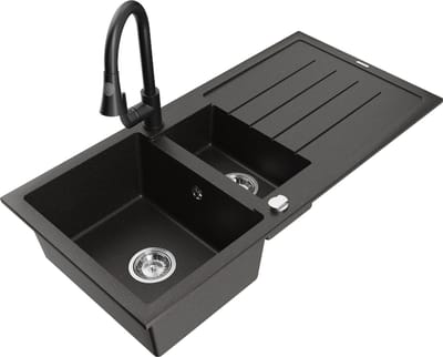 Mexen Andres granieten spoelbak 1,5-kamer met afdruipplaat en keukenmengkraan Elia, zwart/goud metallic - 6515-75-670101-70