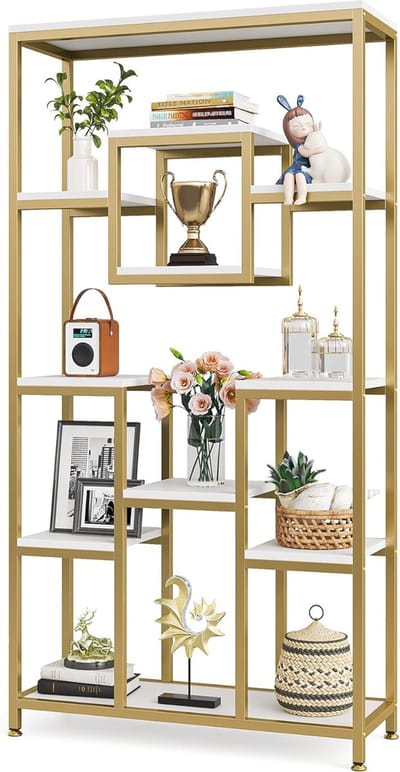 TRIBESIGNS Boekenkast - Boekenrek - Modern - 11 Lagen - Hout/Metaal - 90 x 35 x 180cm - Goud & Wit
