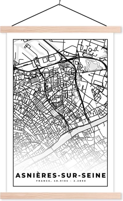 Posterhanger incl. Poster 40x60 cm - Schoolplaat - Plattegrond - Asnières-sur-Seine - Kaart - Frankrijk - Stadskaart - Zwart wit - Textielposter - Blanke latten - Stadskaart