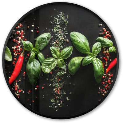 Poster in lijst Rond - Fotolijst 60x60 cm - Posters - Chilipepers - Basilicum - Blaadjes - Rood - Ronde posterlijst zwart - Decoratie - Wanddecoratie woonkamer - Muurdecoratie slaapkamer