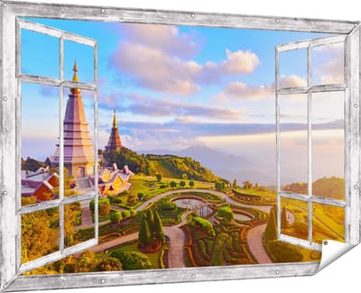 Gards Tuinposter Doorkijk Pagode Tempels in de Inthanon Berg in Thailand - 180x120 cm - Tuindoek - Tuindecoratie - Wanddecoratie buiten - Tuinschilderij