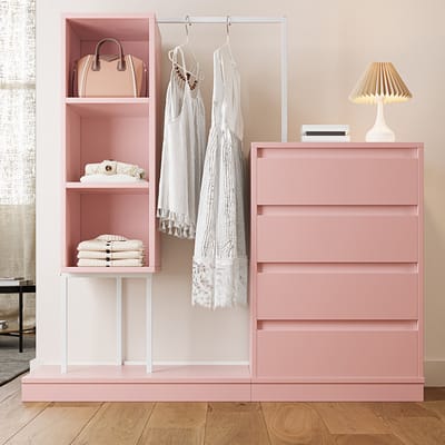 Pugsdrly Ladekast, kastencombinatie, roze kast, dressoir, kledingrek, afmetingen: B140/D40/H135, roze