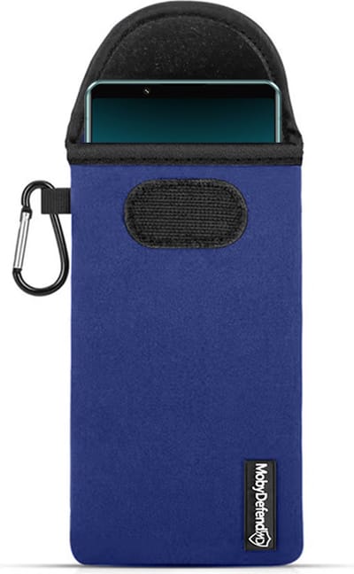 MobyDefend Hoesje - Geschikt voor Sony Xperia 5 IV - Neopreen Pouch Met Karabijnhaak - Insteek - Riemlus - Blauw