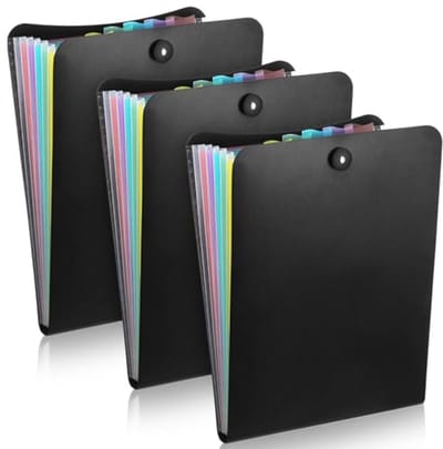 3 Pack Zwarte Verticale Bestandsmap - Uitbreidende Map met 7 Zakken voor Documenten, Kantoor en Thuis