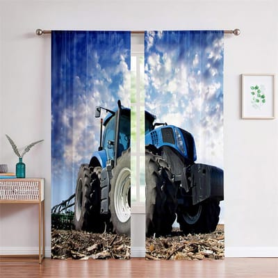 Rideaux de tracteur de ferme 3D Bleu Pography Ciel Rideaux de camion Décoration de fenêtre de salon chambre cuisine 2 pièces 75W166H(CM)X2PCS&Rod Pocket