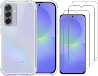 Hoesje geschikt voor Samsung A36 transparant Anti Shock silicone hoesje Met gehard glas Screenprotectors – 3 Packs