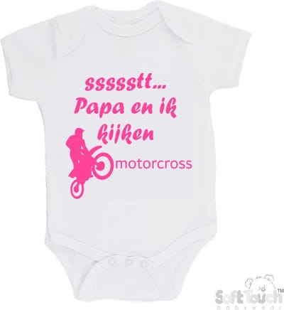 100% katoenen Romper "ssssstt... Papa en ik kijken motorcross" Meisjes Katoen Wit/roze Maat 62/68