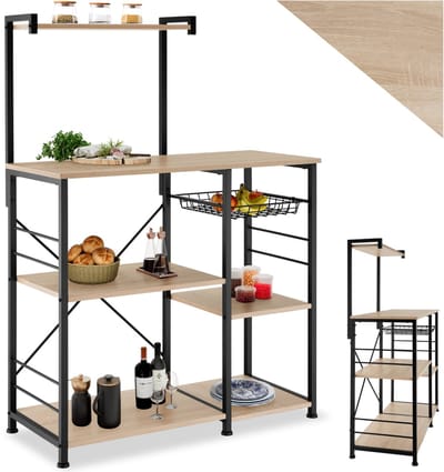 tectake® Keukenrek met 6 houten planken - Bakkersplank met draadmand - Staande plank voor potten, pannen, magnetron - Industrieel design - Zwart metalen frame - Afmeting (LxBxH) 90x40x131,5 cm - Lichtbruin