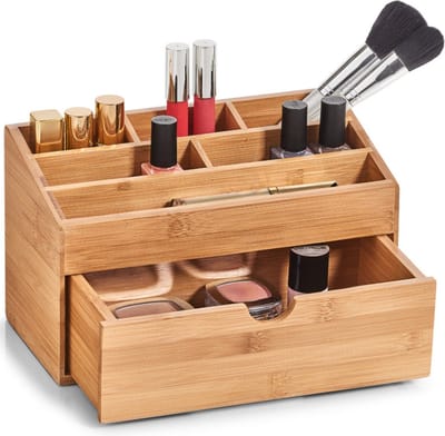 Make-up organizer 6-vaks met lade bamboe hout 25 x 12 cm - Zeller - Kaptafel/badkamer accessoires - Make-up houders - Make-up organizers