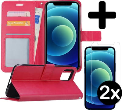 Hoesje - Met 2x Screenprotector - Geschikt voor Apple iPhone 12 - Luxe Pasjeshouder - Flip Case - Bookcase Portemonee - Kunstleer Book Case - Flipcase Hoes - Book Cover - Walletcase - Portemonneehoes - Telefoonhoes - Donkerroze