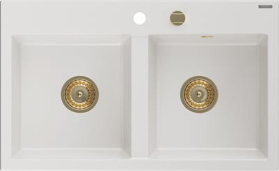 Mexen Hektor granieten gootsteen 2-kamer 800 x 480 , wit, gouden sifon - 6521802000-20-G