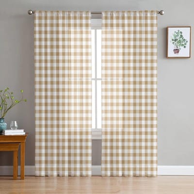 Geel Geruit Transparante Gordijnen voor Slaapkamer Woonkamer Voile Raamgordijnen Tule Gordijnen voor Kinderkamer 135W x 183H(cm)x2