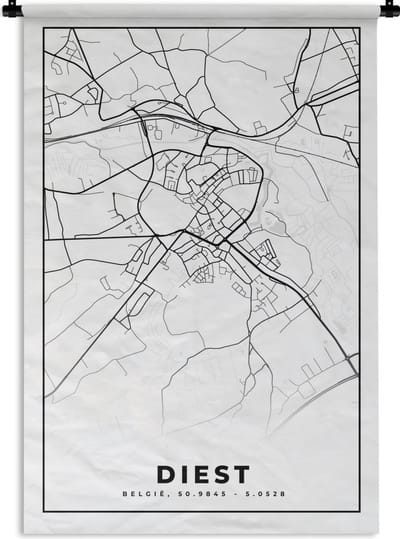 Wandkleed - Wanddoek - Kaart – Plattegrond – Stadskaart – Diest – België – Zwart Wit - 120x180 cm - Wandtapijt