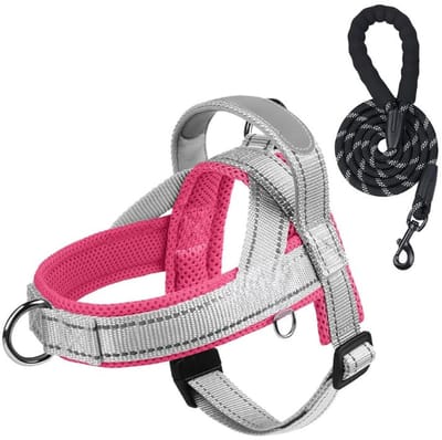 Famanu – Hondentuig met hondenriem, verstelbaar Y-tuig met reflectie en handgreep voor training en wandelen, grijs/roze, maat M